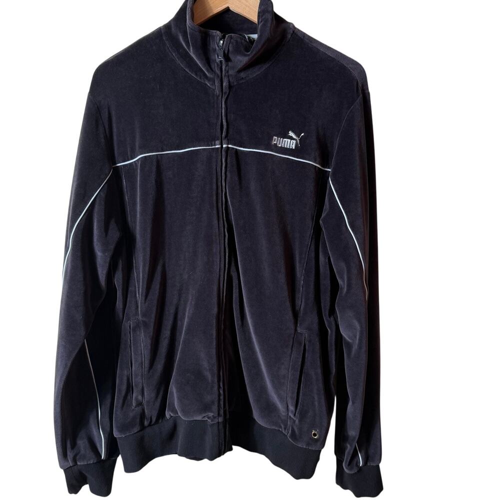 Vintage Puma Velour Track Jacket Men SZ L Black Soft Retro 80's 90's Full Zip